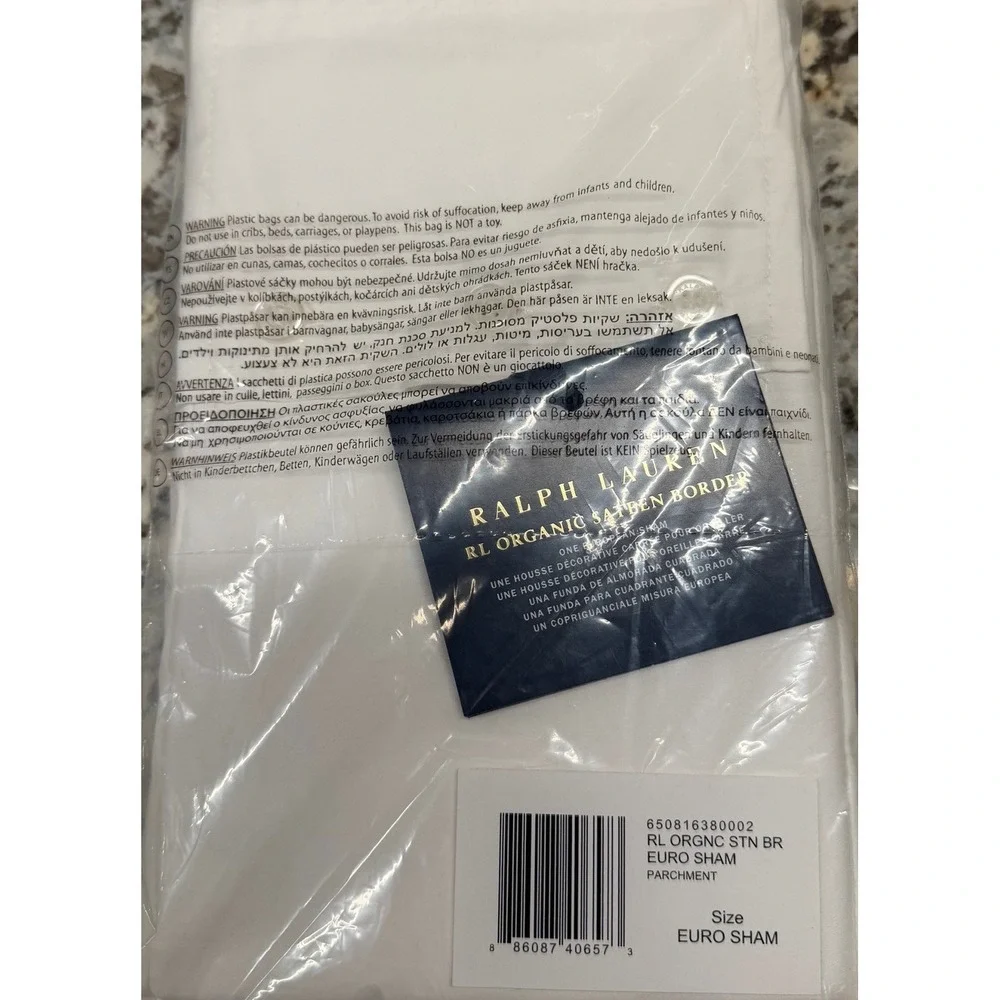 Ralph Lauren Home Organic Cotton Euro Sham Pillow Case Parchment Button‎ Closure
